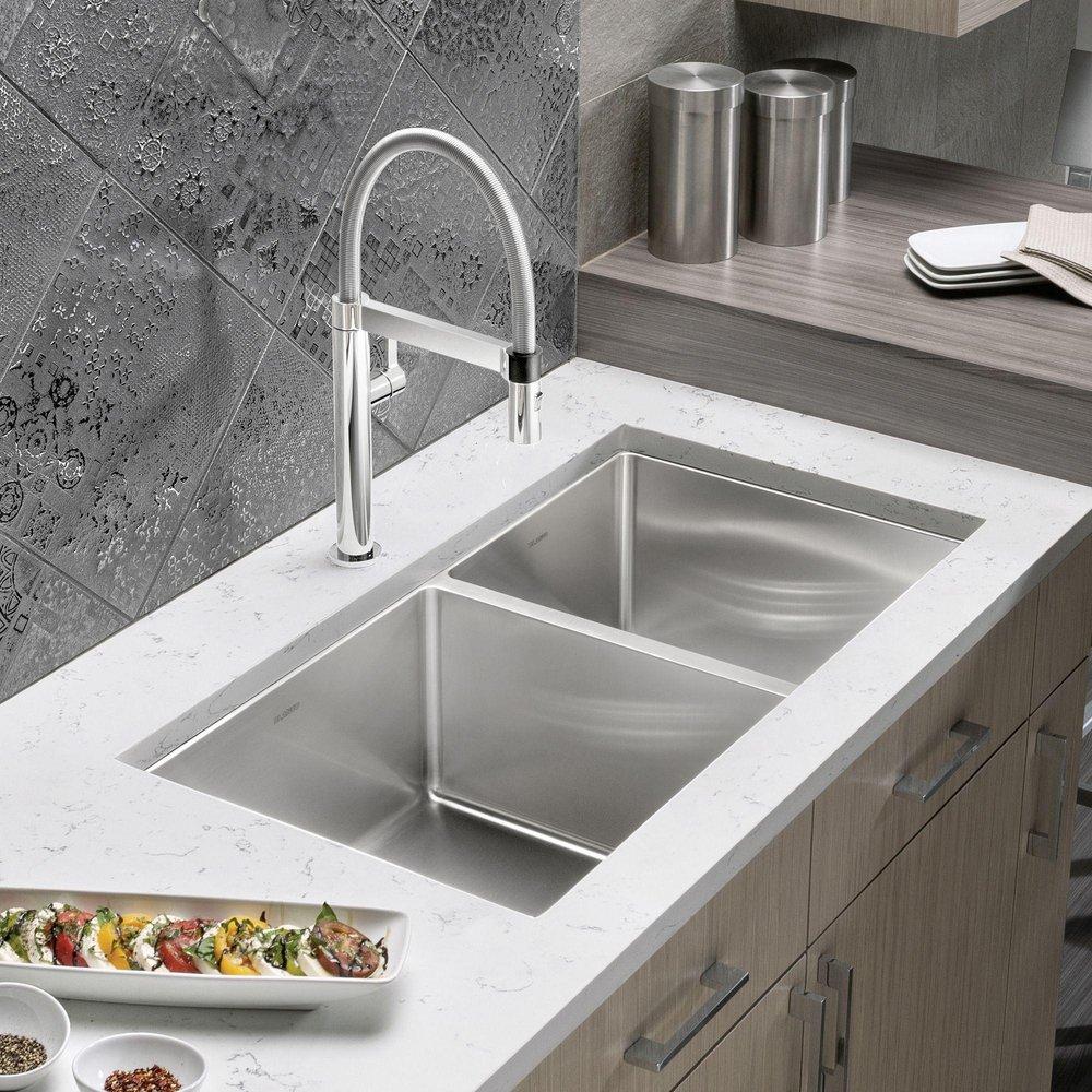 BLANCO Satin 33 x 18 in. No Hole Stainless Steel Double Bowl Undermount Kitchen Sink 