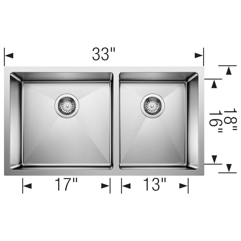 BLANCO Satin 33 x 18 in. No Hole Stainless Steel Double Bowl Undermount Kitchen Sink 