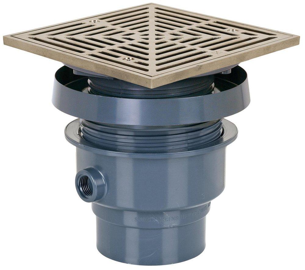 Sioux Chief Hub PVC Floor Drain Assembly with 7 in. Square Nickel Bronze Grate and Ring and Strainer 