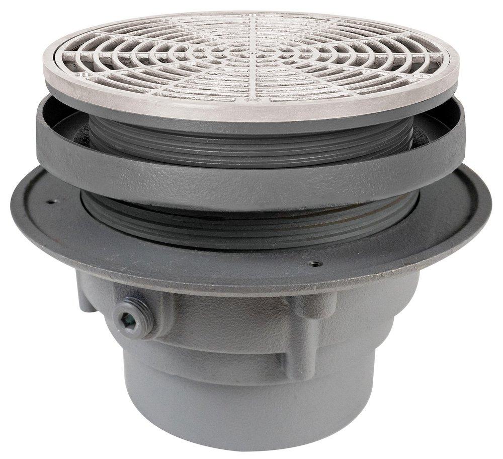 Sioux Chief No Hub Ductile Iron Floor Drain Assembly with 9 in. Round 304 Stainless Steel Grate and Ring and Strainer 