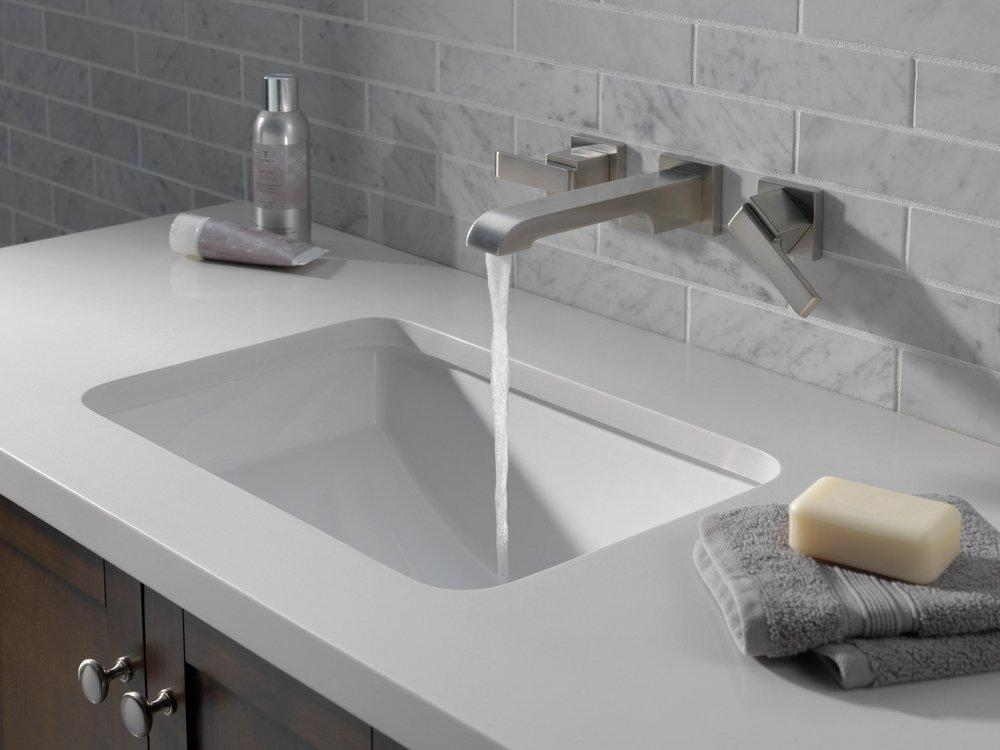 Delta Faucet Brilliance&reg; Stainless Two Handle Wall Mount Widespread Bathroom Sink Faucet 