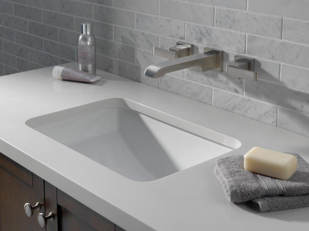 Delta Faucet Brilliance&reg; Stainless Two Handle Wall Mount Widespread Bathroom Sink Faucet 