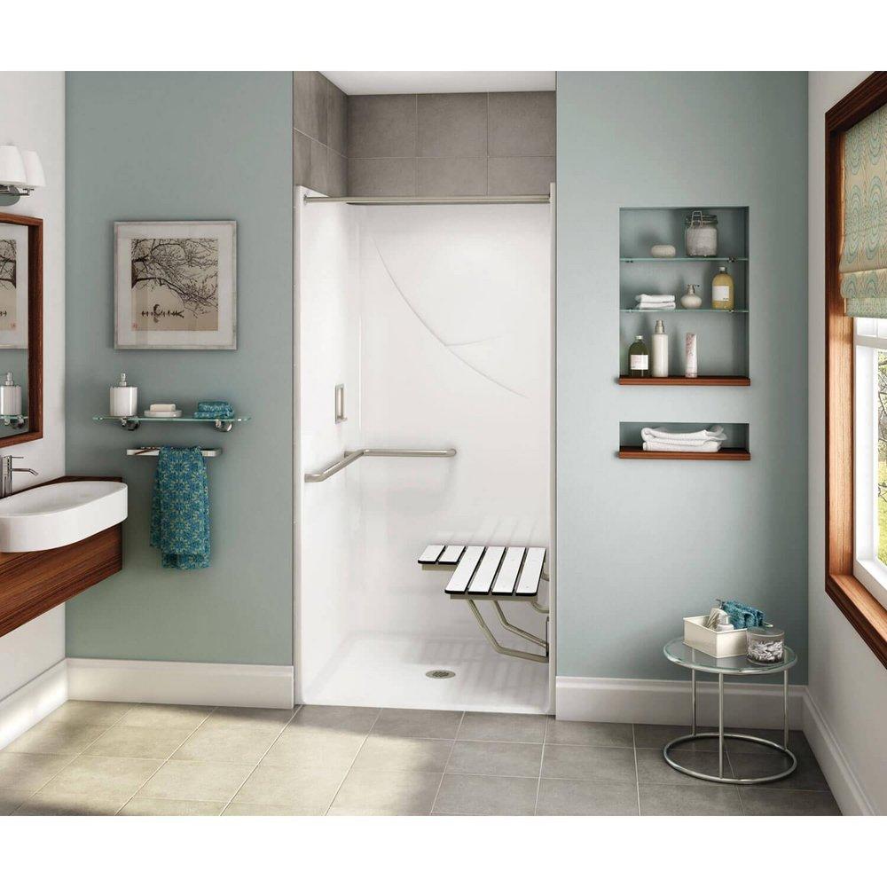 Aker by MAAX White Fiberglass Shower with Grab Bar and Seat 1 Piece 