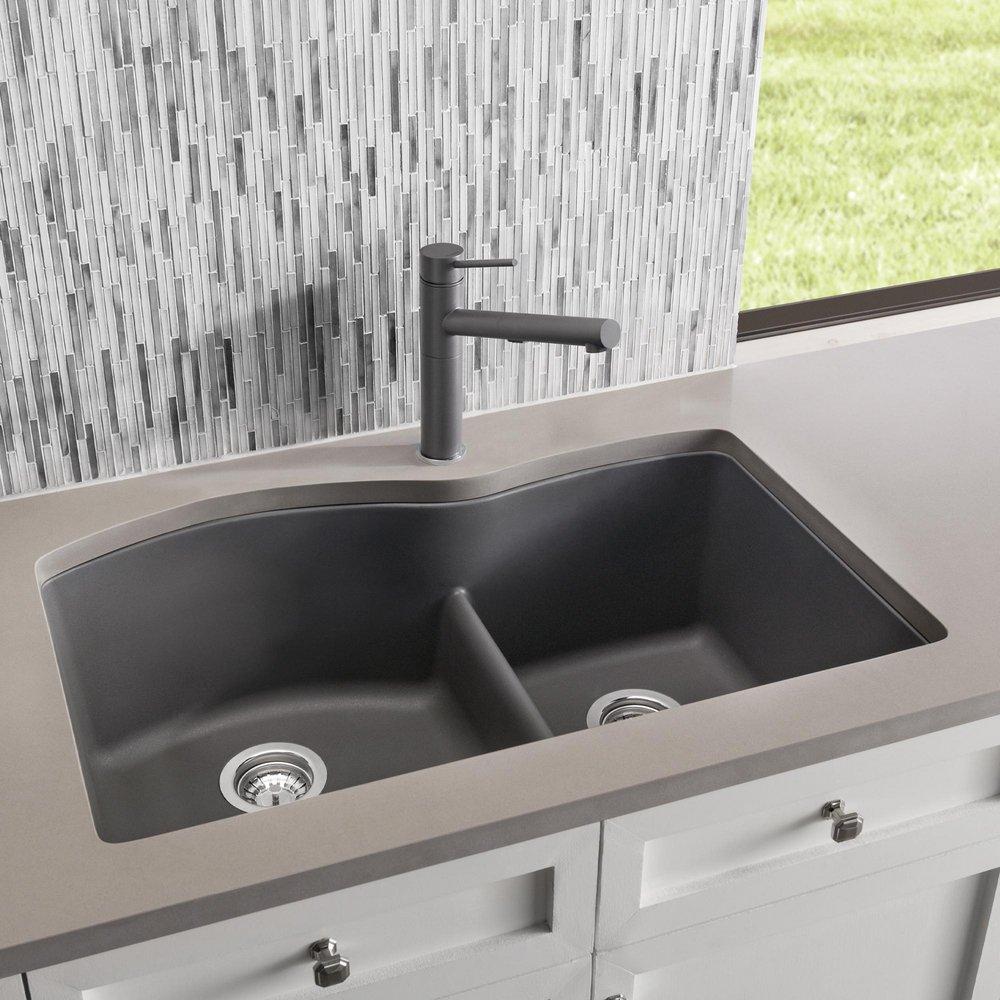 BLANCO Cinder 32 x 20-7/8 in. No Hole Composite Double Bowl Undermount Kitchen Sink 