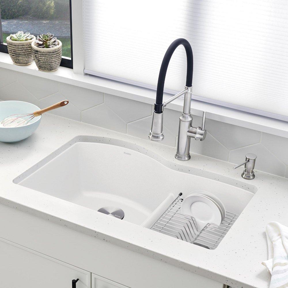 BLANCO White 32 x 20-7/8 in. No Hole Composite Double Bowl Undermount Kitchen Sink 