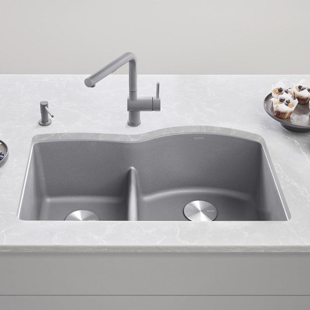 BLANCO Metallic Grey 32 x 20-7/8 in. No Hole Composite Double Bowl Undermount Kitchen Sink 