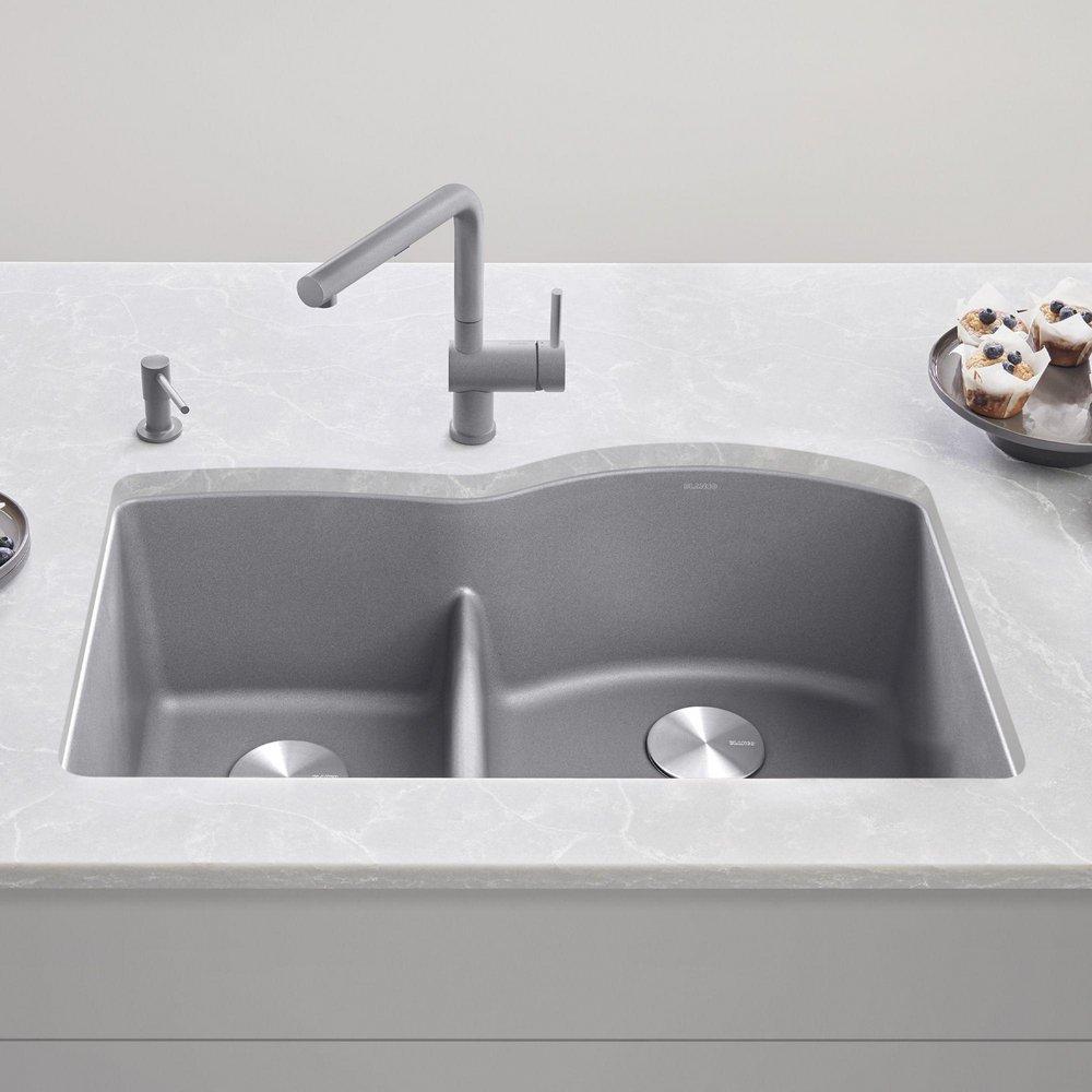 BLANCO Metallic Grey 32 x 20-7/8 in. No Hole Composite Double Bowl Undermount Kitchen Sink 