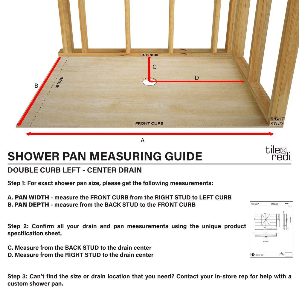 Tile Redi USA Polished Chrome 48 x 36 in. PVC Double Curb Shower Pan with Center Drain 