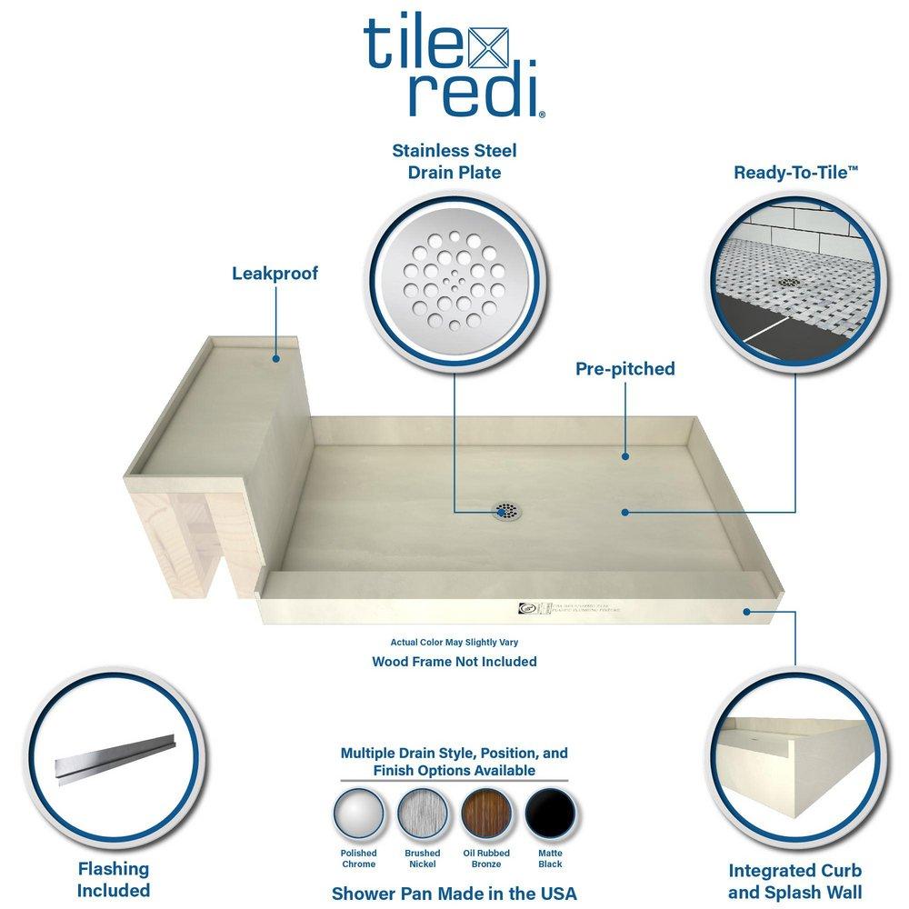 Tile Redi USA Polished Chrome 60 x 44 in. Polyurethane Shower Pan and Bench Kit with Center Drain 