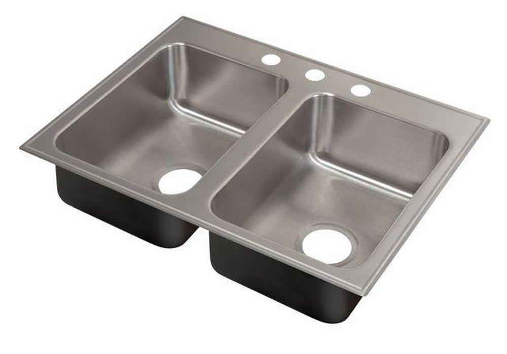 Just Manufacturing Brushed Steel 2-Hole Double Bowl Drop-In, Self-Rimming and Top Mount Rectangular Kitchen Sink with Center Drain 