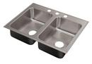 Just Manufacturing Brushed Steel 2-Hole Double Bowl Drop-In, Self-Rimming and Top Mount Rectangular Kitchen Sink with Center Drain 