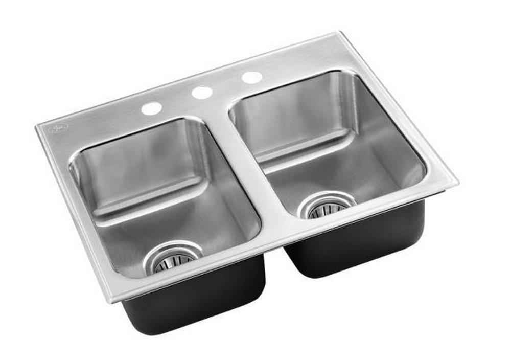 Just Manufacturing Brushed Steel 3 Hole Double Bowl Stainless Steel Kitchen Sink with Rear Center Drain 