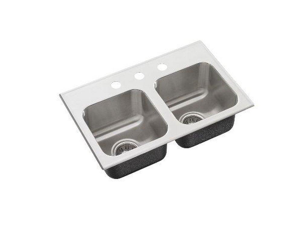 Just Manufacturing Brushed Steel 6-1/2 in. 1 Hole Double Bowl Self Rimming and Top Mount Kitchen Sink 