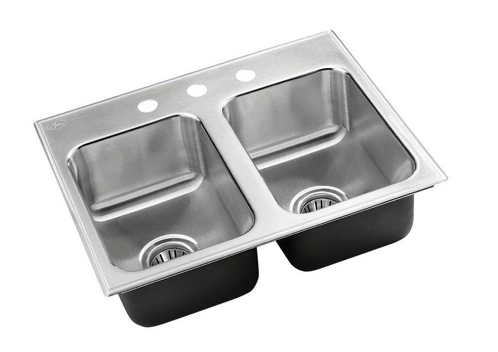 Just Manufacturing Brushed Steel Double Bowl Drop-In, Self-Rimming and Top Mount Rectangular Kitchen Sink with Center Drain 