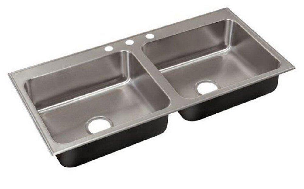 Just Manufacturing Brushed Steel 5-1/2 in. 3 Hole Double Bowl Self Rimming and Top Mount Kitchen Sink 
