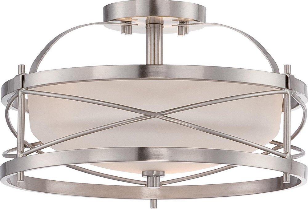 NUVO Brushed Nickel 100W 2-Light Medium Incandescent Semi-Flush Ceiling Light with Etched Opal Glass 