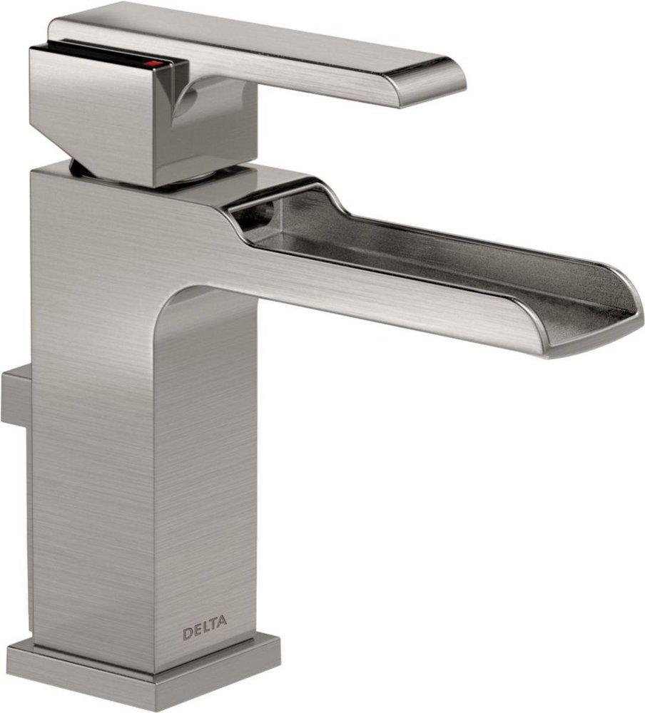 Delta Faucet Brilliance Stainless Single Handle Monoblock Waterfall Bathroom Sink Faucet with Metal Pop-Up Drain 