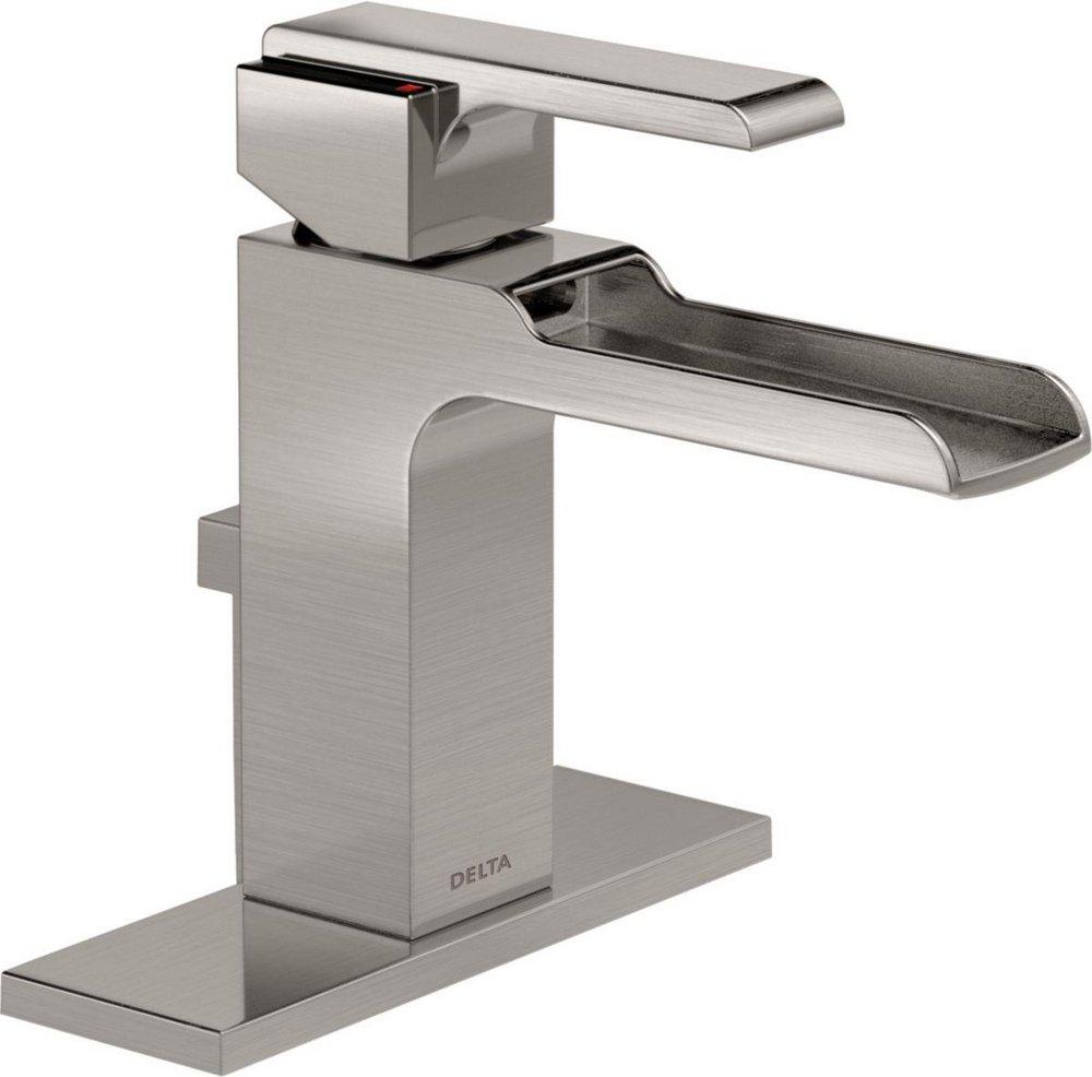 Delta Faucet Brilliance&reg; Stainless Single Handle Monoblock Waterfall Bathroom Sink Faucet with Metal Pop-Up Drain 