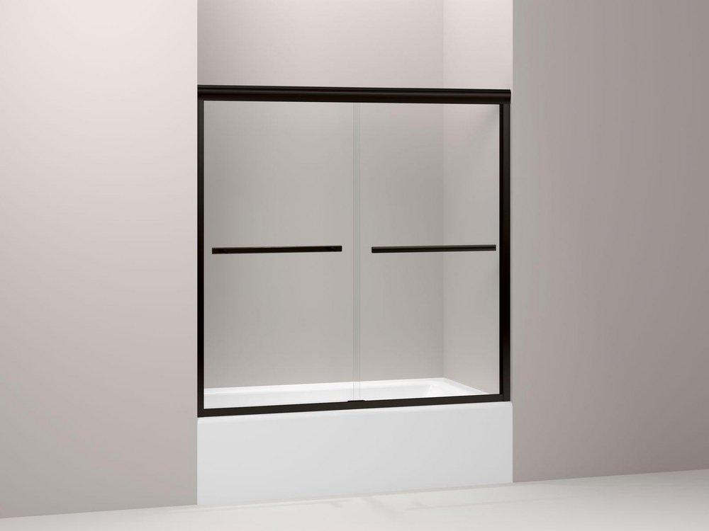 KOHLER Anodized Dark Bronze 58-1/16 x 59-5/8 in. Sliding Bath Door with 1/4 in. Crystal Clear Glass 