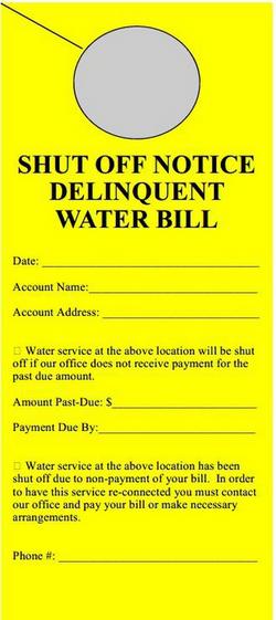 Pre-Printed Door Hangers - SHUT OFF NOTICE Delinquent Water Bill, 100 per Pack in Yellow