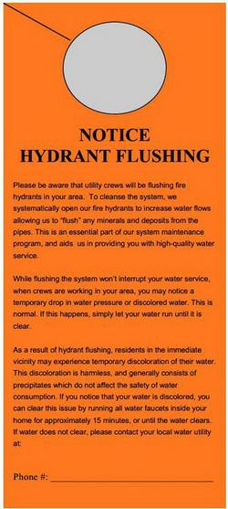 Pre-Printed Door Hangers - NOTICE Hydrant Flushing, 100 per Pack in Orange