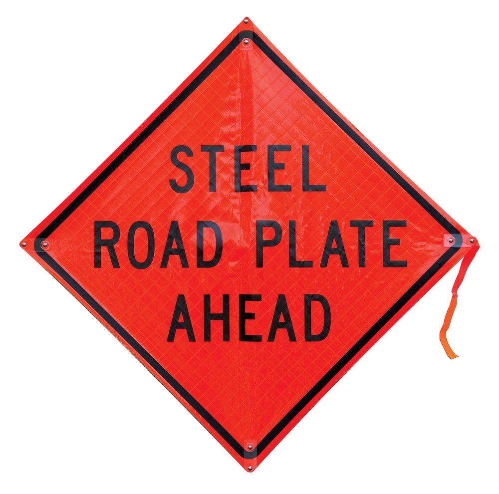 TrafFix Devices Fluorescent Orange Reflective Vinyl Roll-Up Sign - STEEL ROAD PLATE AHEAD 
