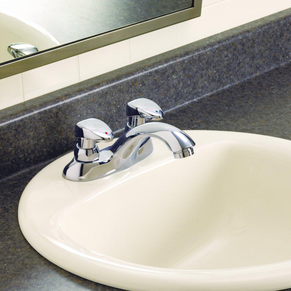 Delta Faucet Chrome 0.5 gpm 4 in. Centerset Two Handle Deck Mount Metering Bathroom Sink Faucet 