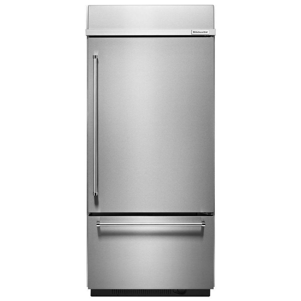 KitchenAid Stainless Steel 36-1/4 in. 20.9 cu. ft. Bottom Mount Freezer Refrigerator 