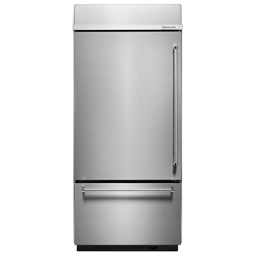 KitchenAid Stainless Steel 35-1/4 in. 20.9 cu. ft. Bottom Mount Freezer Refrigerator 
