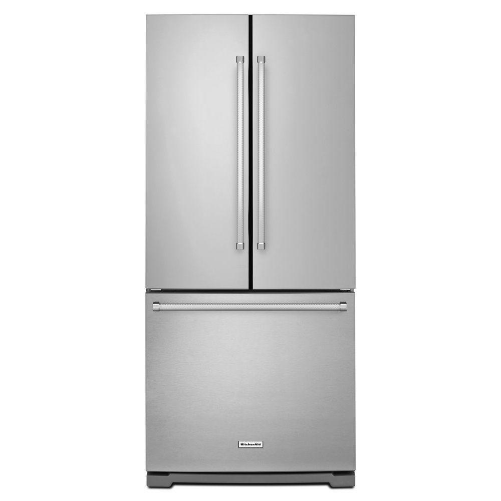 KitchenAid Stainless Steel 30-1/8 in. 19.7 cu. ft. French Door Bottom Mount Freezer Refrigerator 