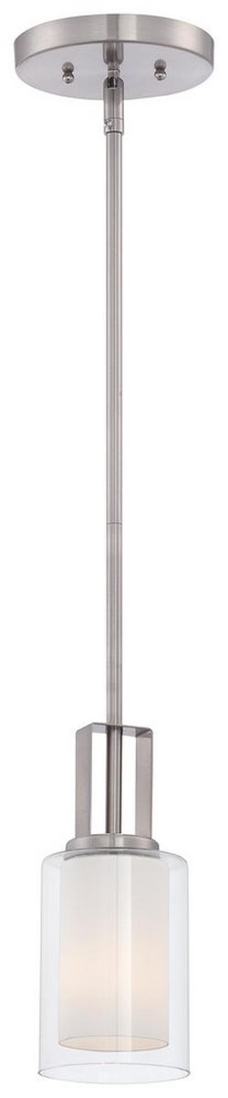 100W 1-Light Mini Pendant in Brushed Nickel with Etched White Glass Shade