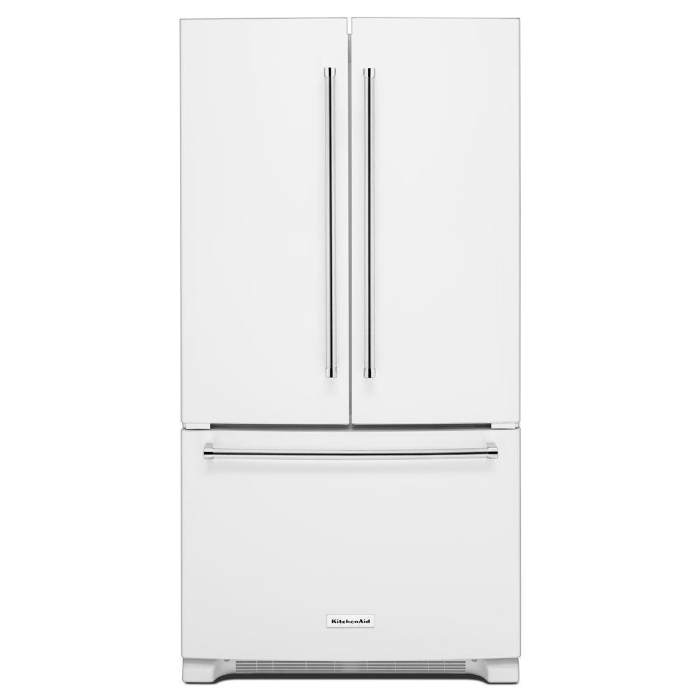 KitchenAid White 35-7/8 in. 25.2 cu. ft. Bottom Mount Freezer French Door Refrigerator 