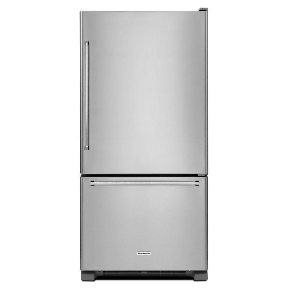 KitchenAid Stainless Steel 32-5/8 in. 22.1 cu. ft. Bottom Mount Freezer Refrigerator 