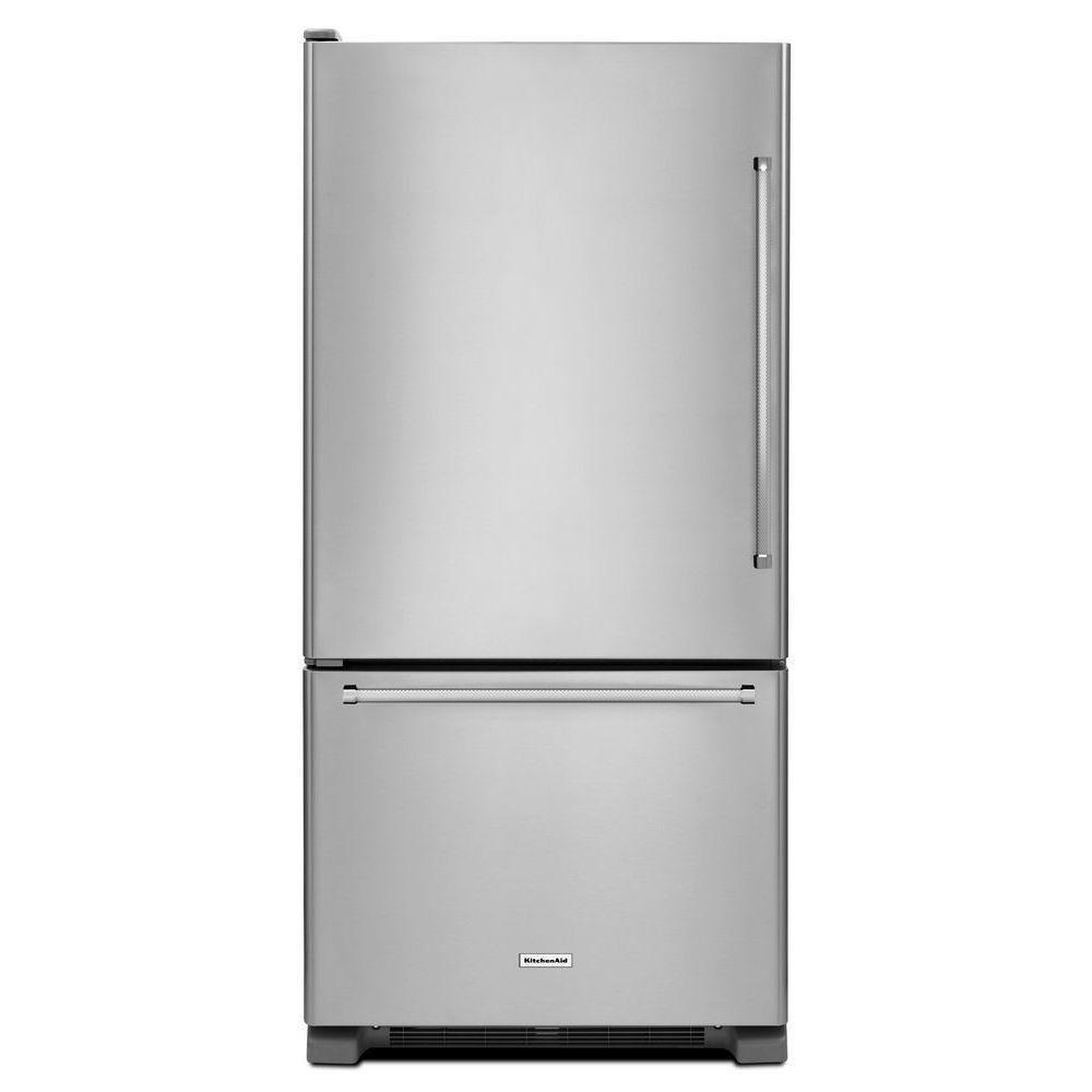 KitchenAid Stainless Steel 32-5/8 in. 22.1 cu. ft. Bottom Mount Freezer Refrigerator 