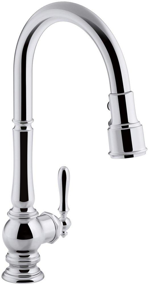 KOHLER Polished Chrome Single Handle Pull Down Kitchen Faucet with Three-Function Spray, Magnetic Docking and Sweep Spray Technology 