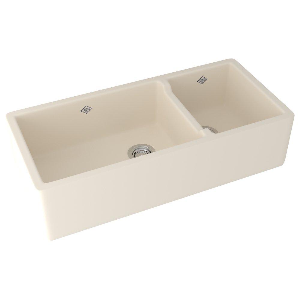 Shaws Parchment 39-1/2 x 18-1/2 in. Fireclay Double Bowl Farmhouse Kitchen Sink 