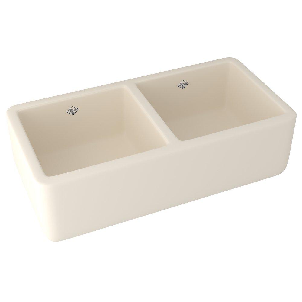 Shaws Parchment 36-5/8 x 18-1/2 in. Fireclay Double Bowl Farmhouse Kitchen Sink 