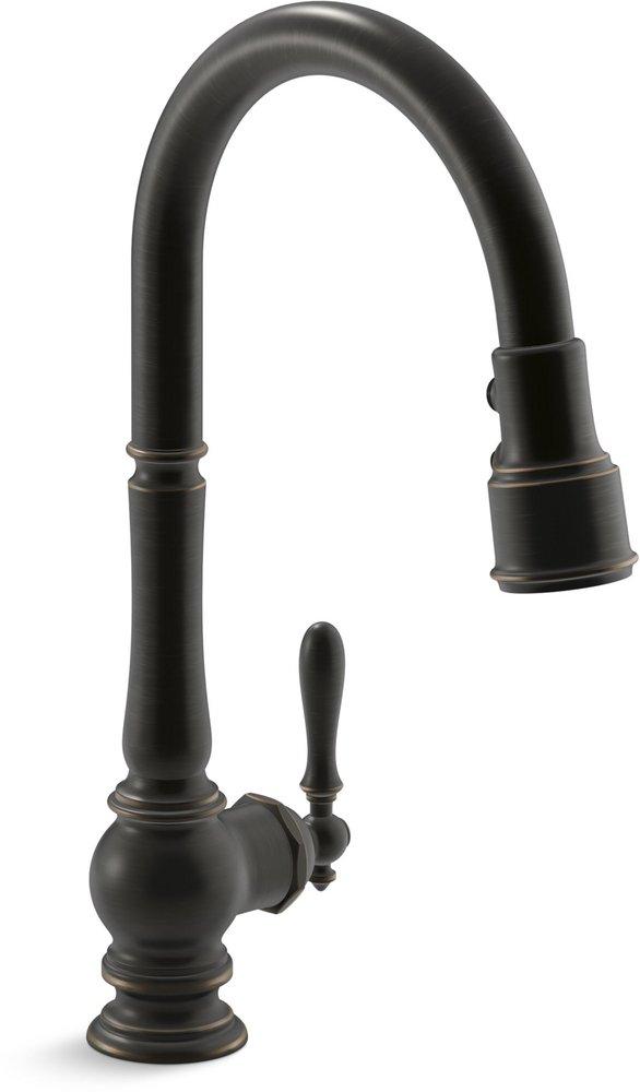KOHLER Oil Rubbed Bronze Single Handle Pull Down Kitchen Faucet with Three-Function Spray, Magnetic Docking and Sweep Spray Technology 