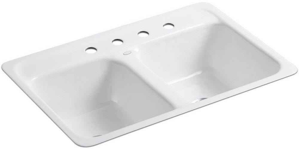 KOHLER White 32 x 21 in. 4 Hole Cast Iron Double Bowl Drop-in Kitchen Sink 