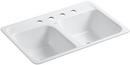 KOHLER White 32 x 21 in. 4 Hole Cast Iron Double Bowl Drop-in Kitchen Sink 