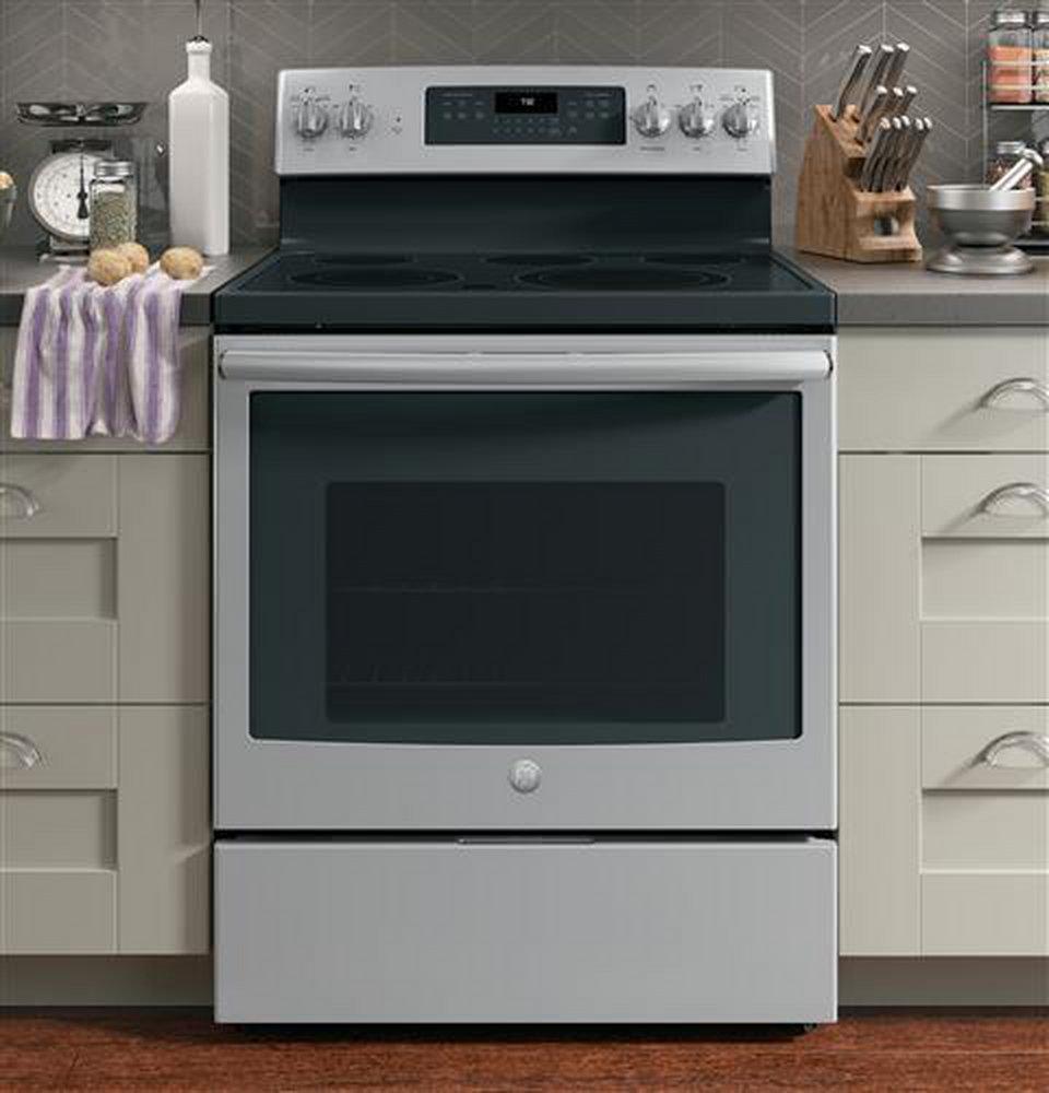 GE&reg; Stainless Steel/Grey 29-7/8 in. Electric 5-Burner Radiant Smoothtop Freestanding Range 