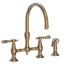 Two Handle Bridge Kitchen Faucet with Side Spray in Antique Brass