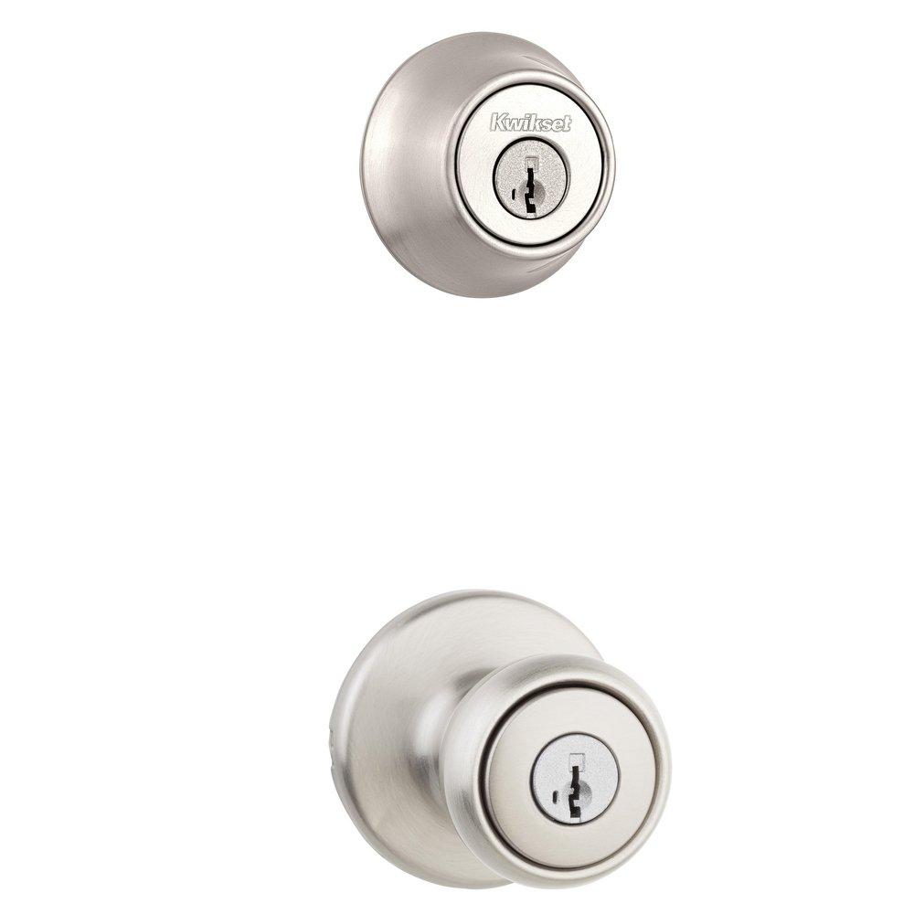 Kwikset Satin Nickel SmartKey Metal Knob with Single Cylinder Deadbolt Combo Pack 