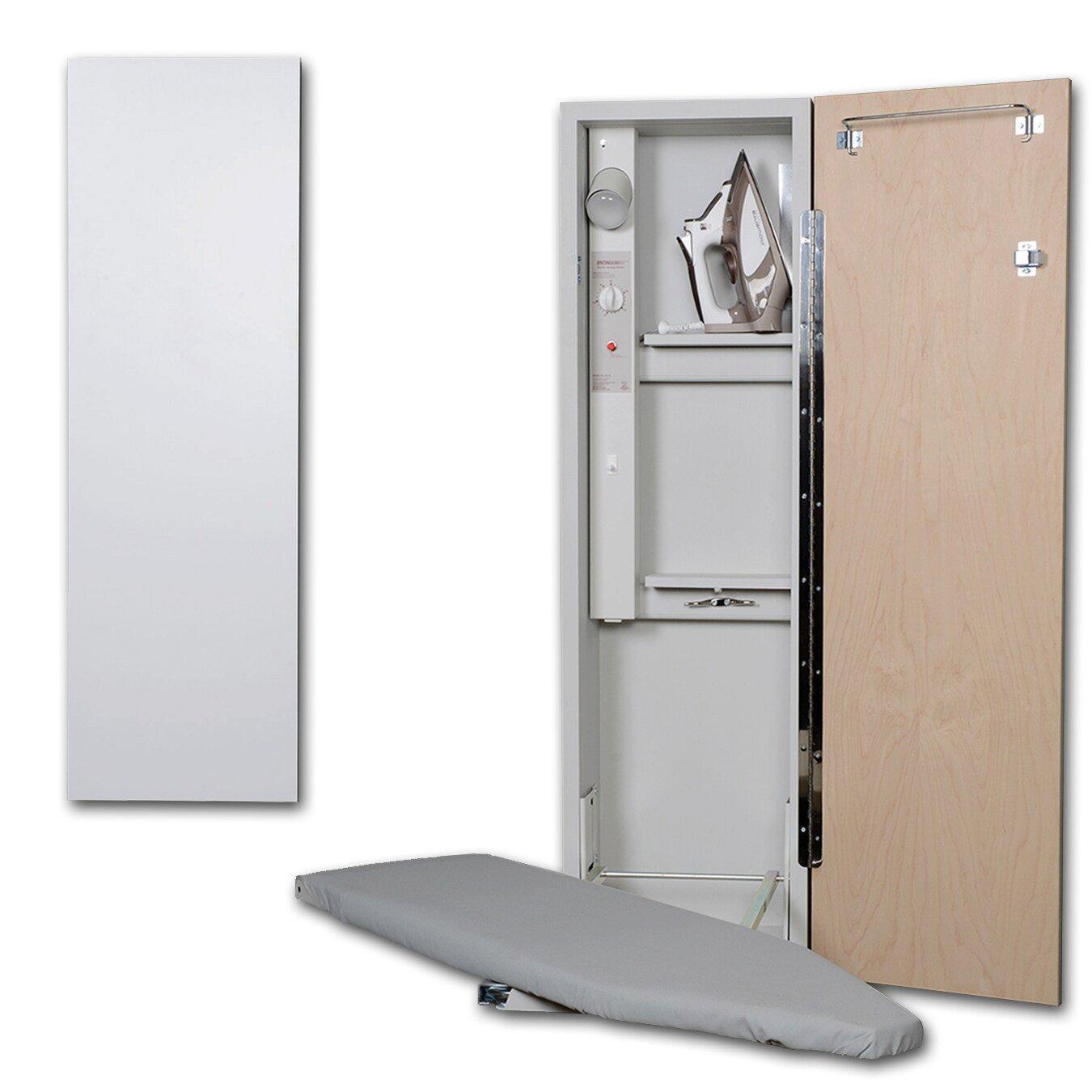 Iron-A-Way Flat White Recessed and Surface Mount Metal Ironing Board with Right Hinged Wood Door 