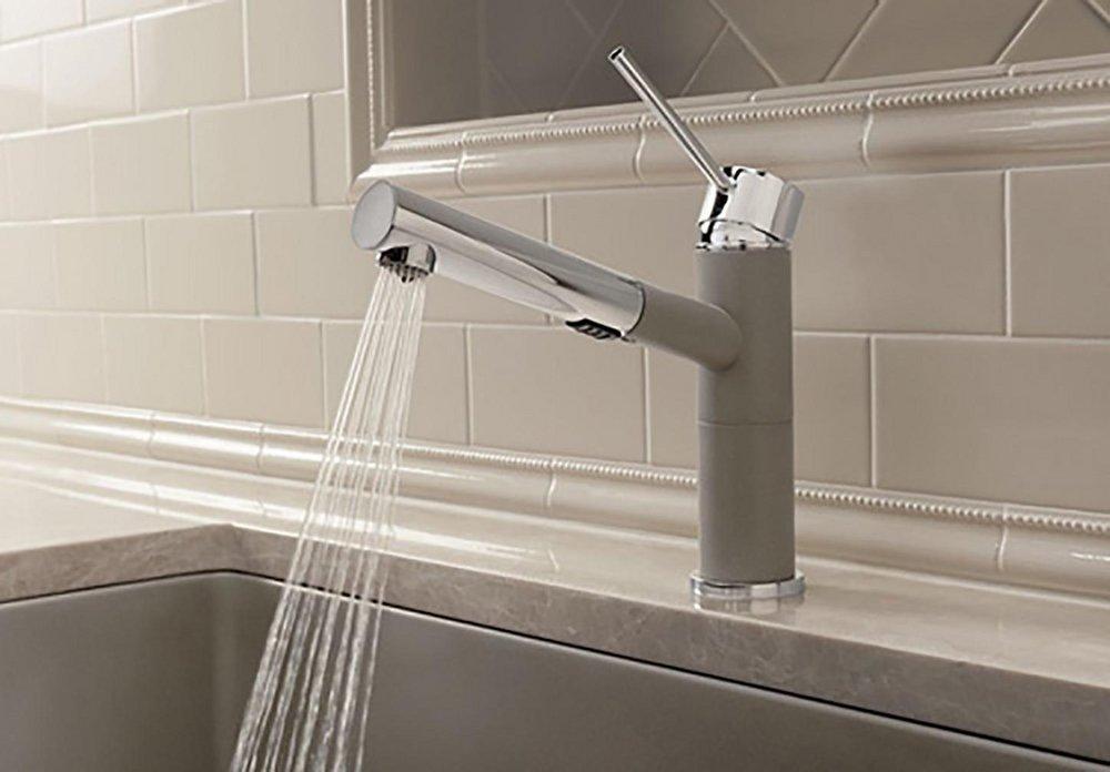 BLANCO Polished Chrome/Truffle 1-Hole Compact Pull-Out Kitchen Faucet with Single Lever Handle and Dual Spray 