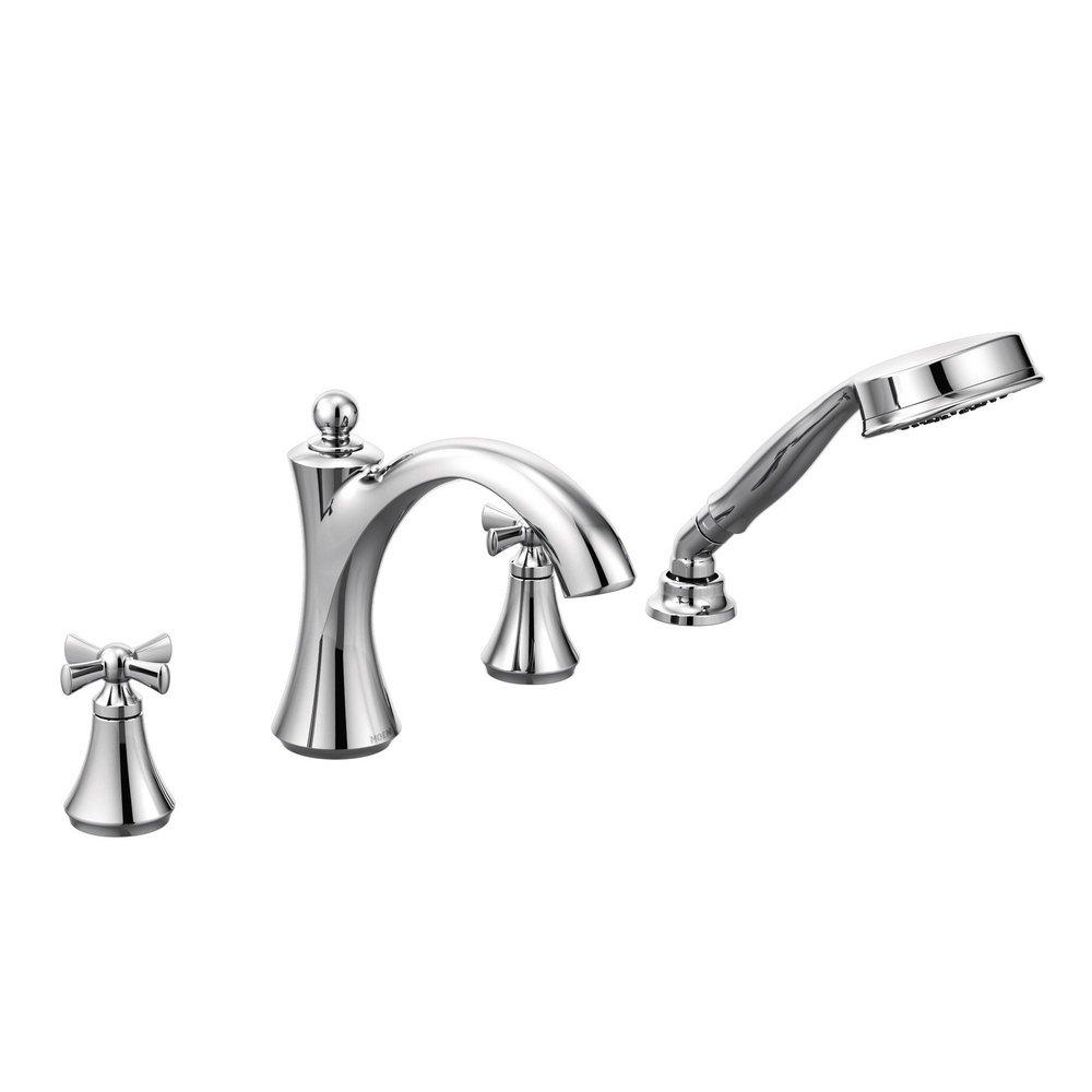 Moen Chrome 2 gpm 4-Hole Roman Tub Faucet with Hand Shower and Double Cross Handle 