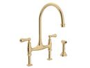 Perrin & Rowe Unlacquered Brass Two Handle Bridge Kitchen Faucet with Side Spray 