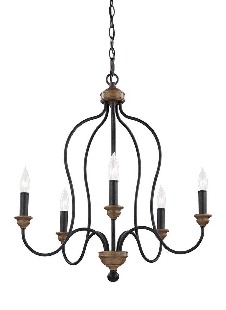 Visual Comfort & Co. Generation Lighting Dark Weathered Zinc/Weathered Oak 25-1/2 in. 60W 5-Light Candelabra E-12 Chandelier 