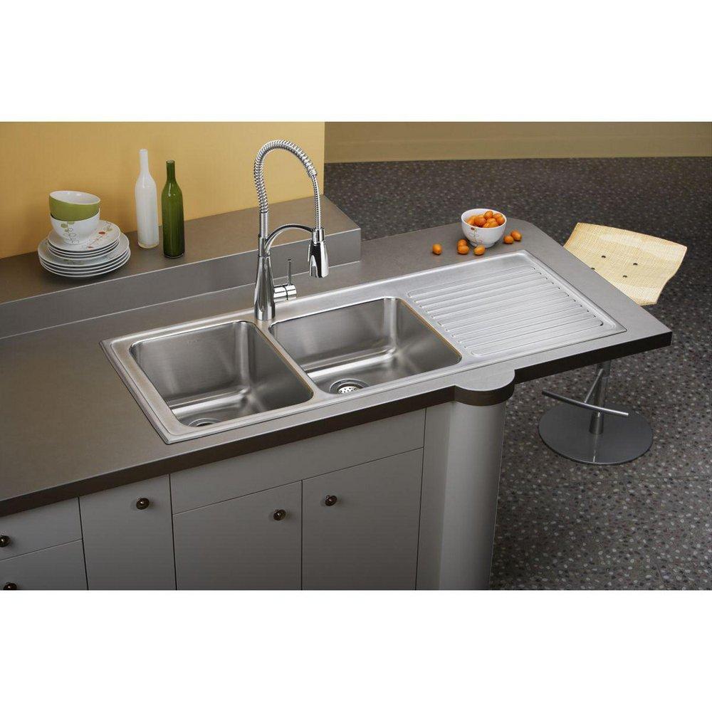 Elkay Lustrous Satin 4 Hole Double Bowl Self-rimming or Drop-in Kitchen Sink with Ribbed Drain Board 