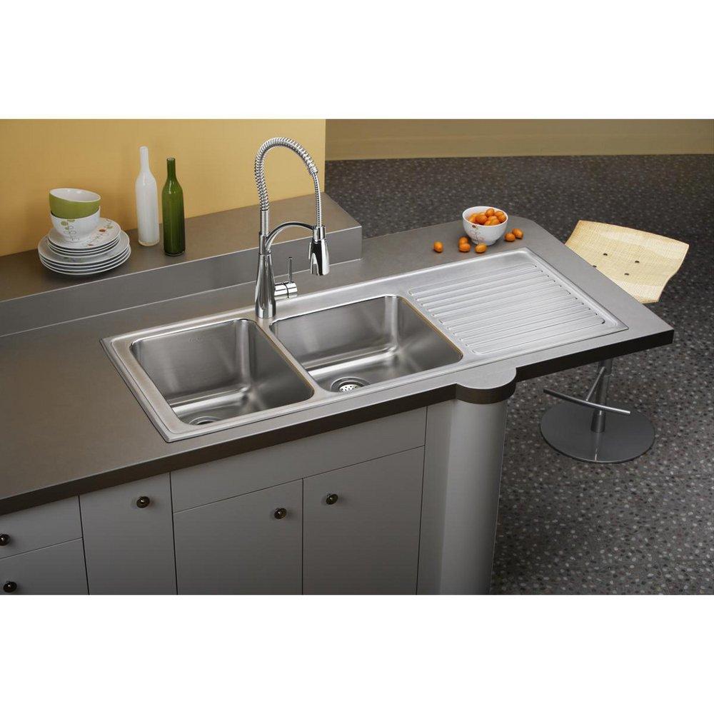 Elkay Lustrous Satin 4 Hole Double Bowl Self-rimming or Drop-in Kitchen Sink with Ribbed Drain Board 